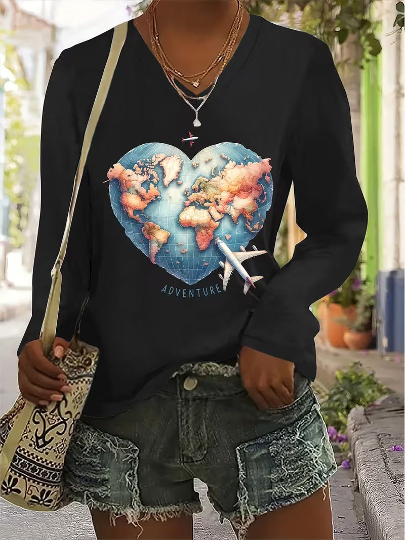 Bluza Dama Casual cu Maneca Lunga si Decolteu V Imprimeu Harta Lumii Inima si Avion