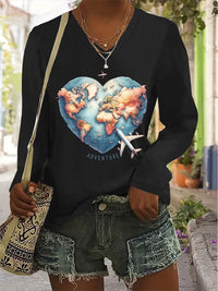 Bluza Dama Casual cu Maneca Lunga si Decolteu V Imprimeu Harta Lumii Inima si Avion