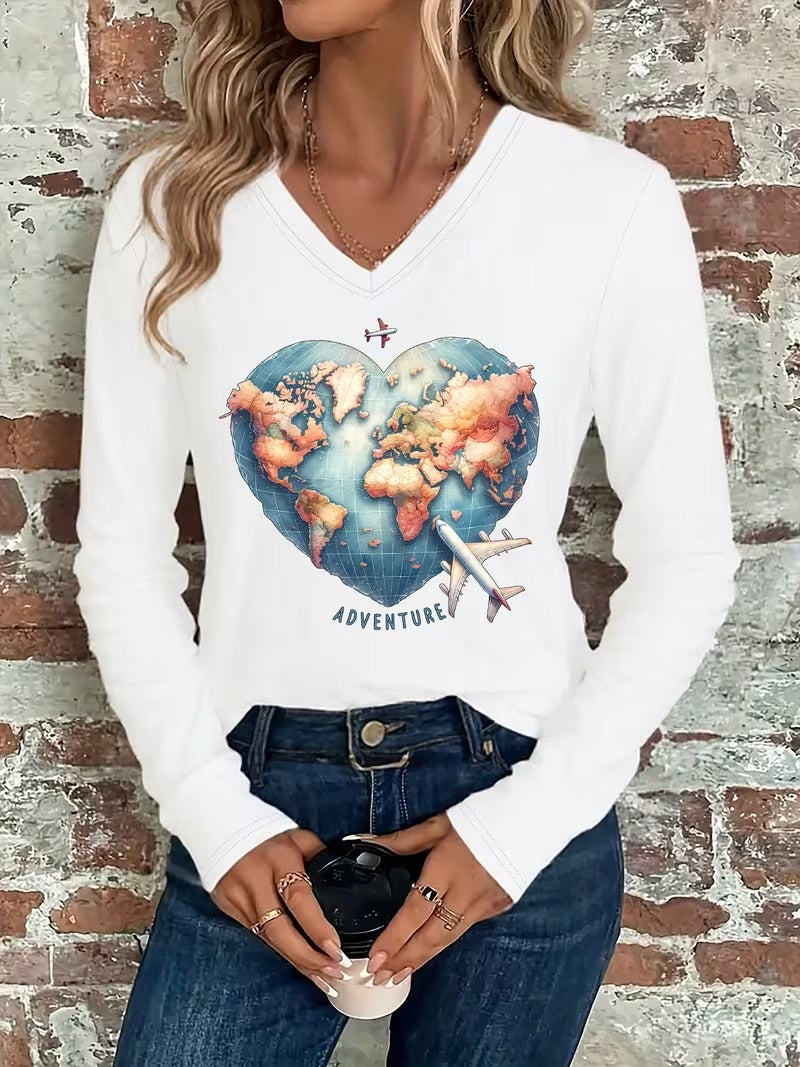 Bluza Dama Casual cu Maneca Lunga si Decolteu V Imprimeu Harta Lumii Inima si Avion