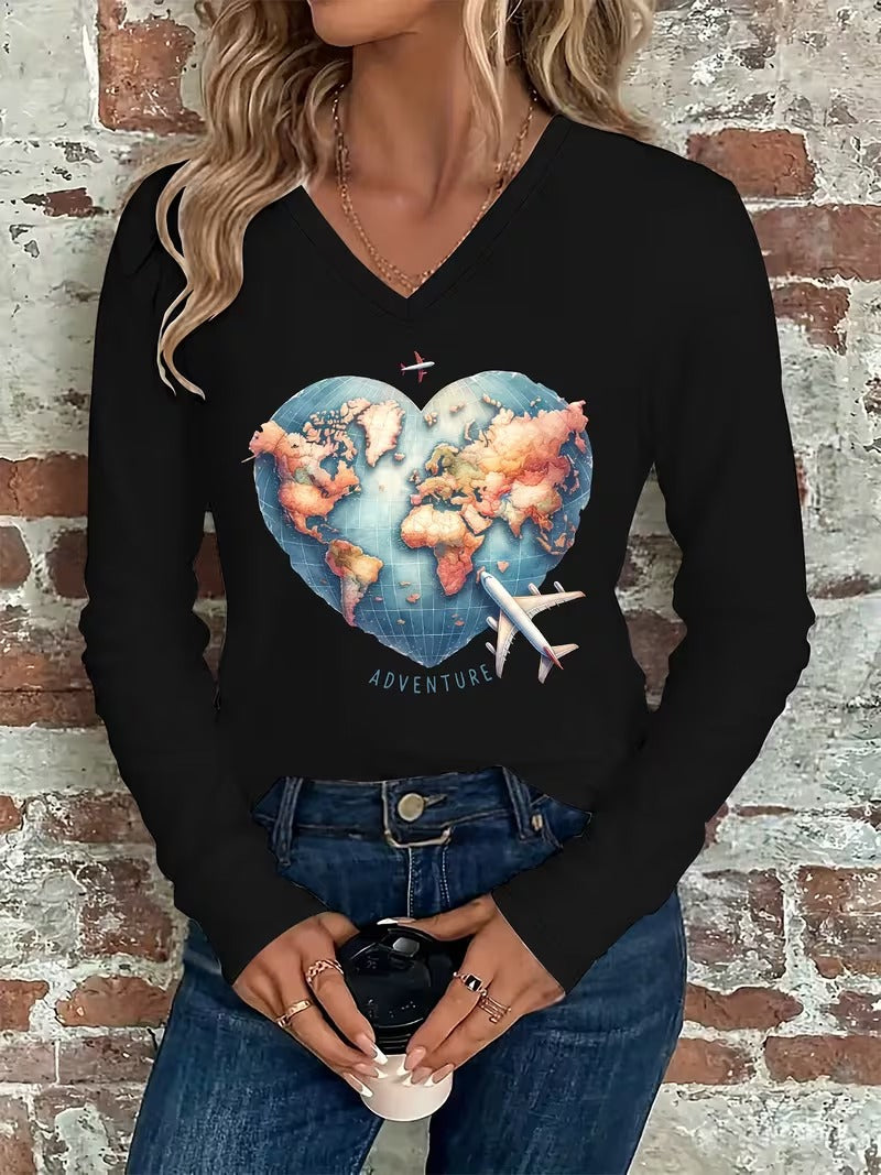 Bluza Dama Casual cu Maneca Lunga si Decolteu V Imprimeu Harta Lumii Inima si Avion