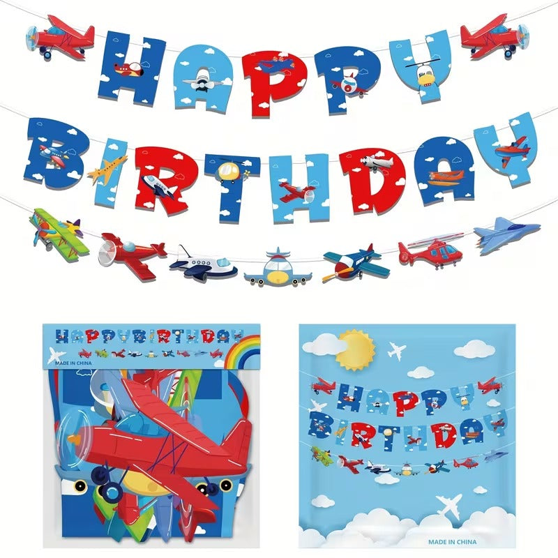 Decoratiuni Petrecere Banner cu Tema Aviatie si Happy Birthday