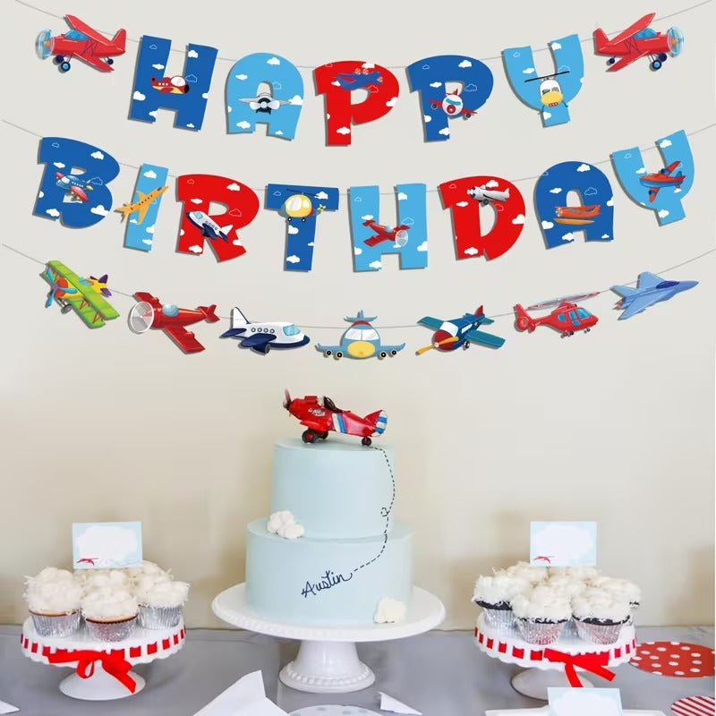Decoratiuni Petrecere Banner cu Tema Aviatie si Happy Birthday