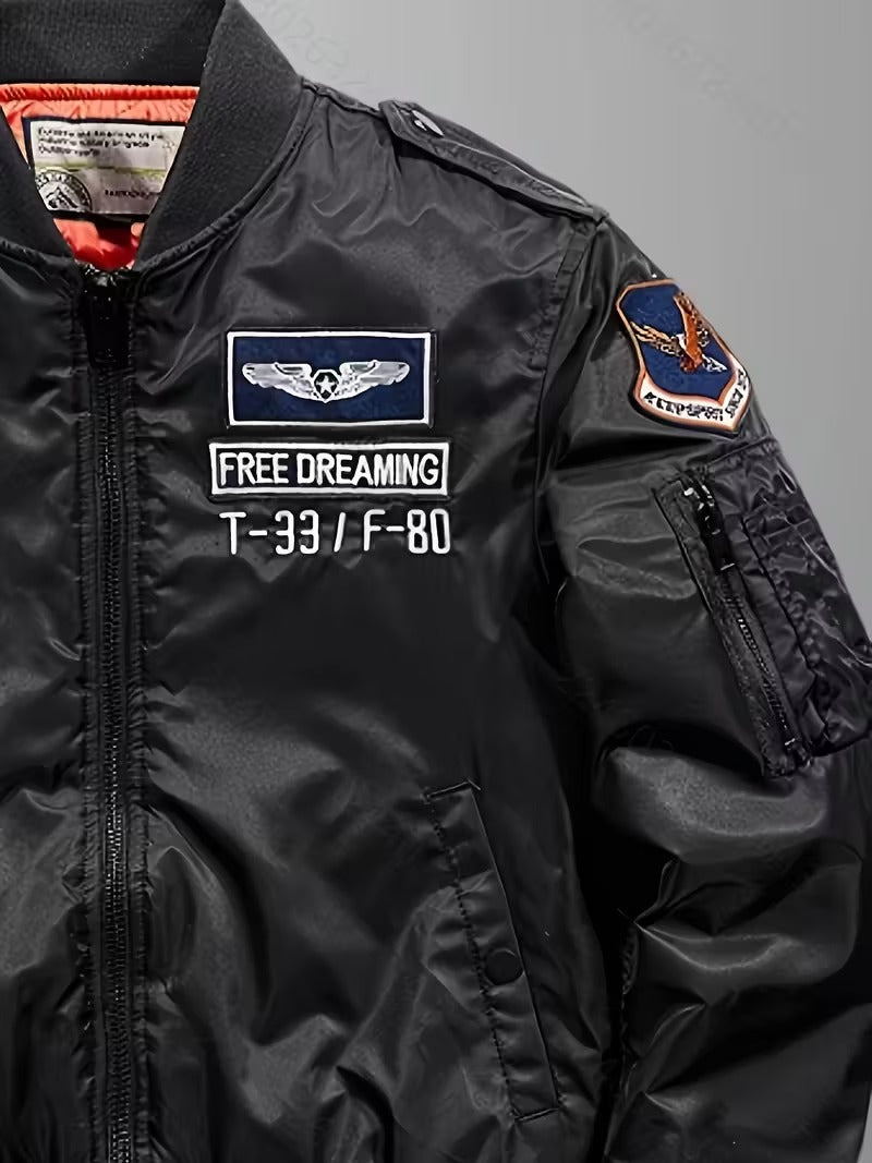 Geaca Bomber de Aviatie pentru Barbati cu Broderii, Negru