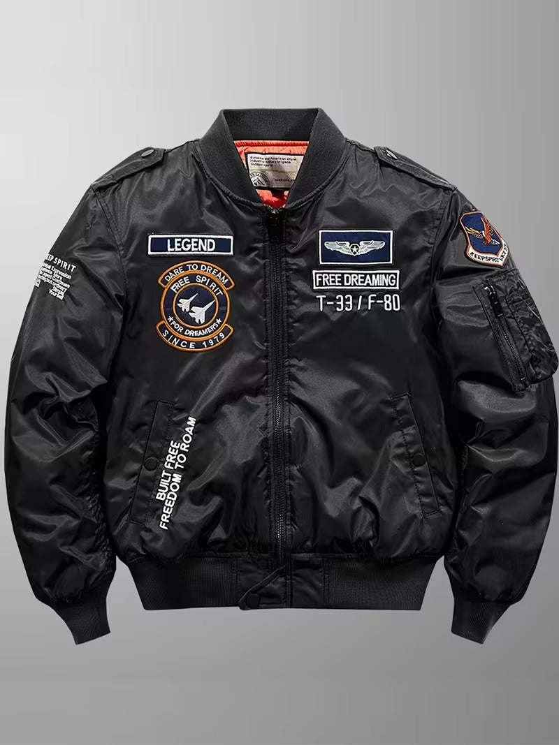 Geaca Bomber de Aviatie pentru Barbati cu Broderii, Negru