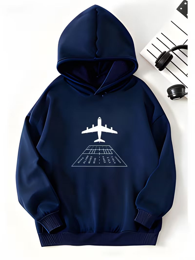 Hanorac Baieti cu Gluga si Imprimeu Avion pentru Toamna si Iarna