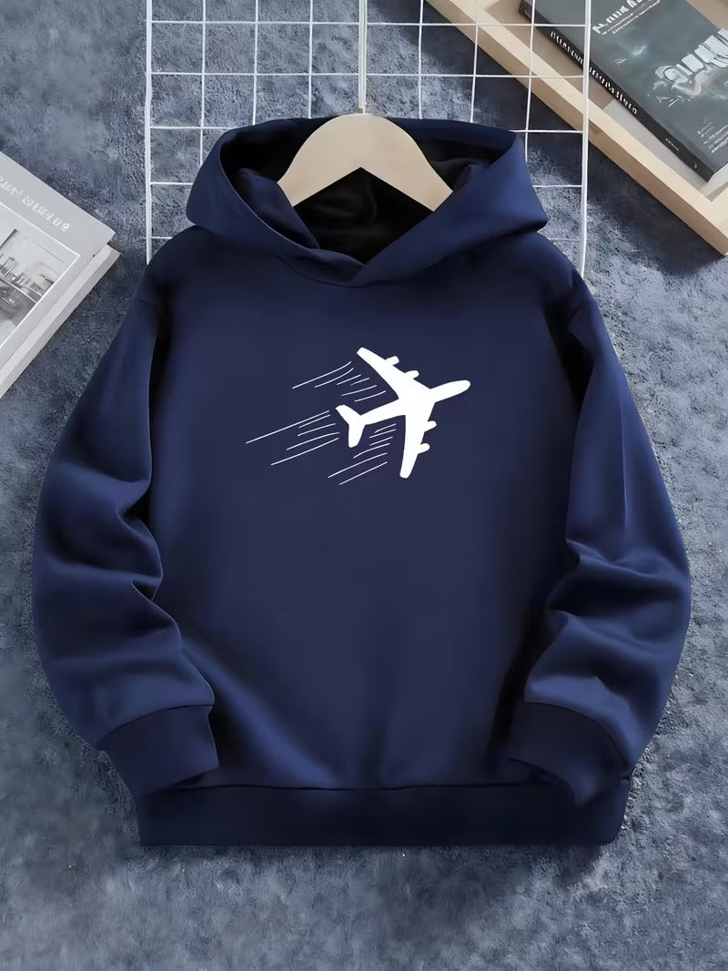 Hanorac Baieti cu Grafica Avion si Material Moale pentru Purtare Zilnica