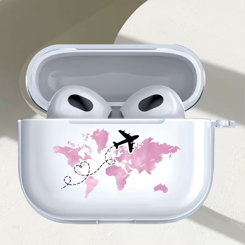 Husa Casti AirPods Pro 2, 1, 2, 3 Transparenta cu Design Harta Lumii si Rute Aeriene