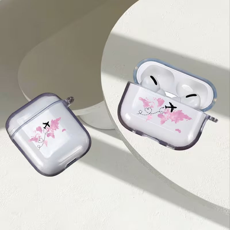 Husa Casti AirPods Pro 2, 1, 2, 3 Transparenta cu Design Harta Lumii si Rute Aeriene