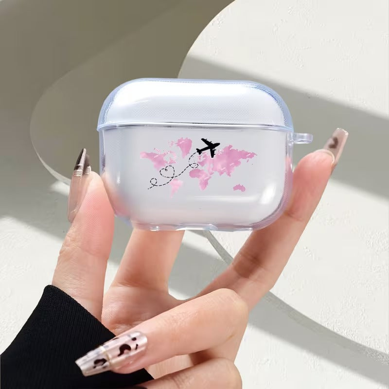 Husa Casti AirPods Pro 2, 1, 2, 3 Transparenta cu Design Harta Lumii si Rute Aeriene