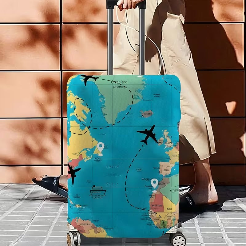 Husa Elastica pentru Valiza cu Imprimeu Harta Lumii si Avion
