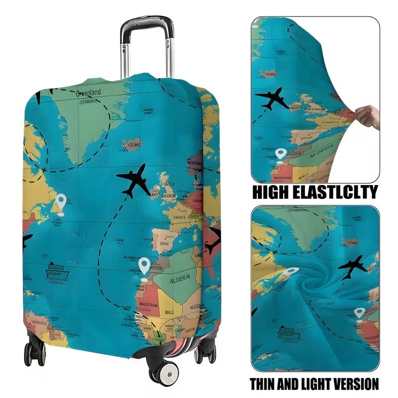 Husa Elastica pentru Valiza cu Imprimeu Harta Lumii si Avion
