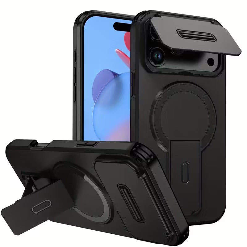 Husa Telefon pentru Iphone 17, Pro, Pro Max cu Protectie Camera Glisanta si Suport Incarcare Wireless, Negru