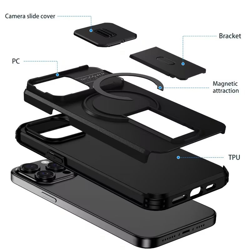 Husa Telefon pentru Iphone 17, Pro, Pro Max cu Protectie Camera Glisanta si Suport Incarcare Wireless, Negru