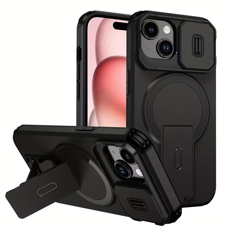 Husa Telefon pentru Iphone 15, Pro, Pro Max cu Protectie Camera Glisanta si Suport Incarcare Wireless, Negru