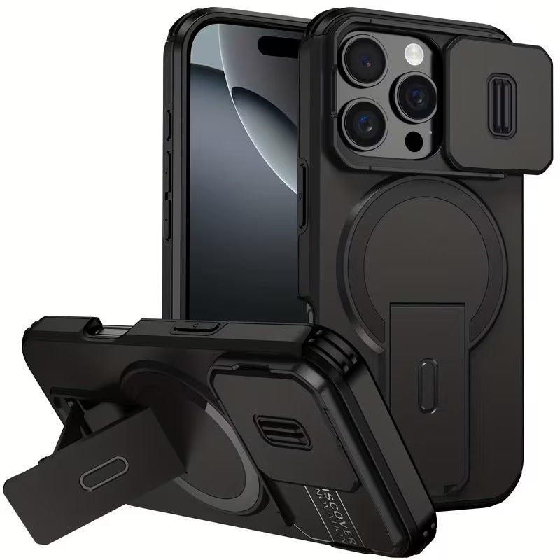 Husa Telefon pentru Iphone 16, Pro, Pro Max cu Protectie Camera Glisanta si Suport Incarcare Wireless, Negru