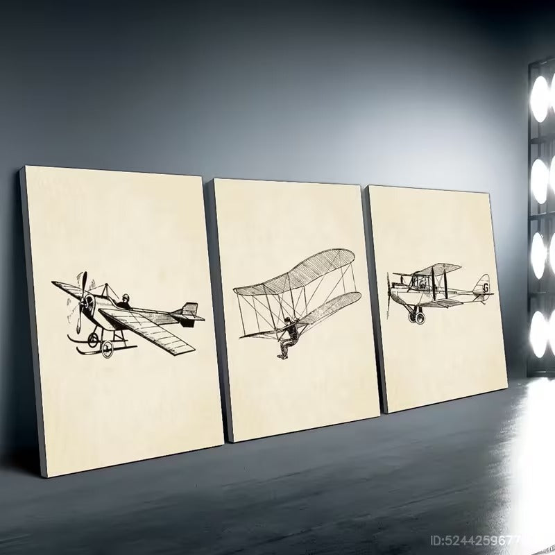 Set 3 Tablouri Canvas cu Arta Aviatie Retro in Rama, 50 x 75cm