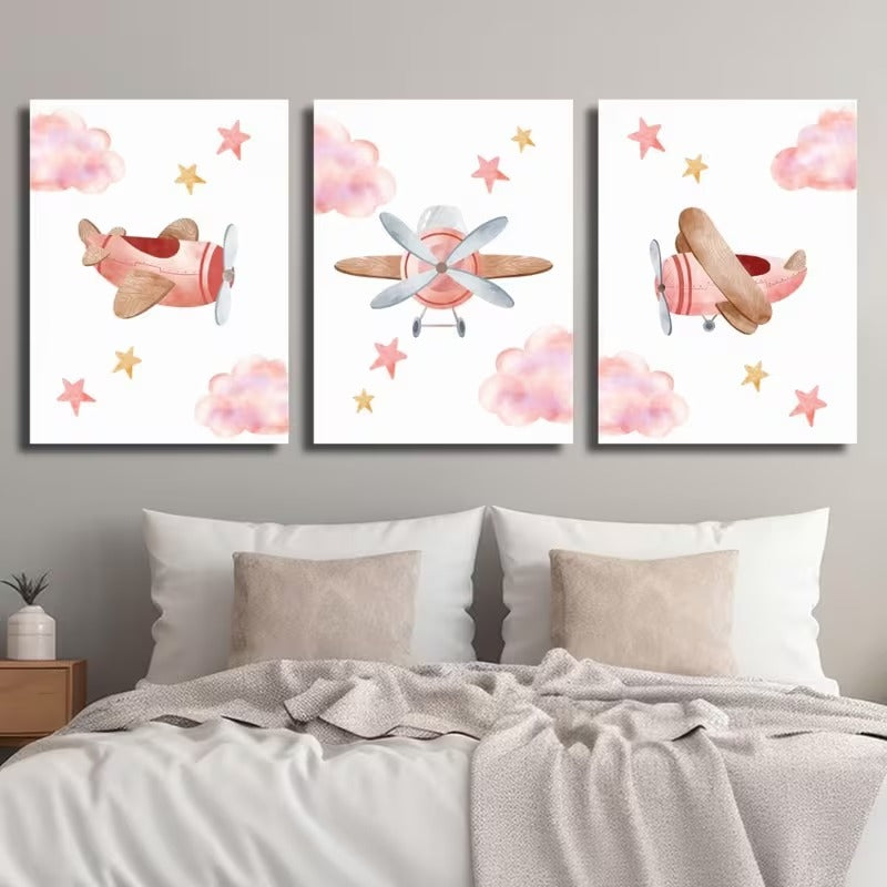 Set 3 Tablouri Canvas cu Avion in Rama din Lemn Pink Airplane