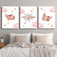 Set 3 Tablouri Canvas cu Avion in Rama din Lemn Pink Airplane