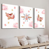 Set 3 Tablouri Canvas cu Avion in Rama din Lemn Pink Airplane