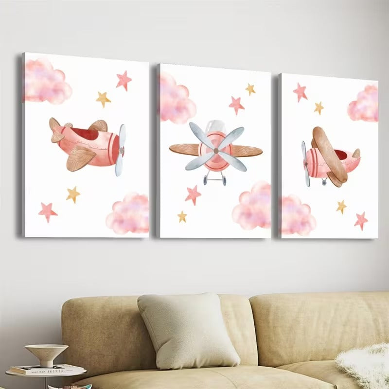 Set 3 Tablouri Canvas cu Avion in Rama din Lemn Pink Airplane