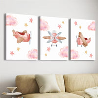 Set 3 Tablouri Canvas cu Avion in Rama din Lemn Pink Airplane