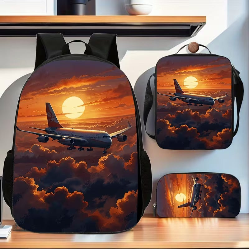 Set 3 buc Ghiozdan Scoala cu Geanta si Penar Airplane Travel