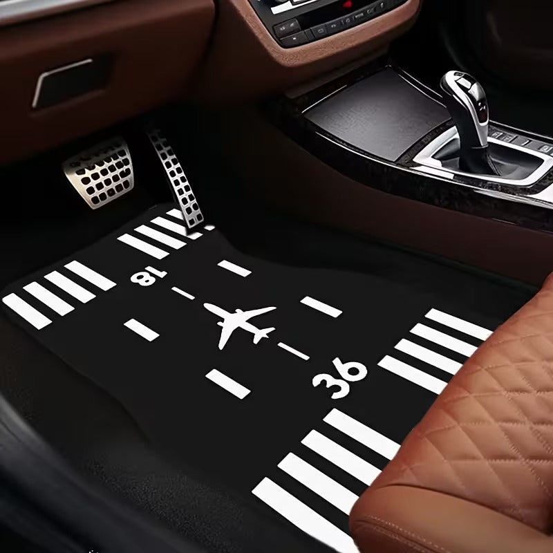 Set 4 Covorase Auto cu Design Aviatic Airplane Runway, Negru
