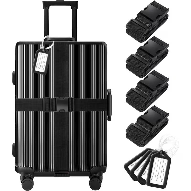 Set 8 Accesorii pentru Bagaj, 4 Curele pentru Valiza si 4 Etichete, Negru