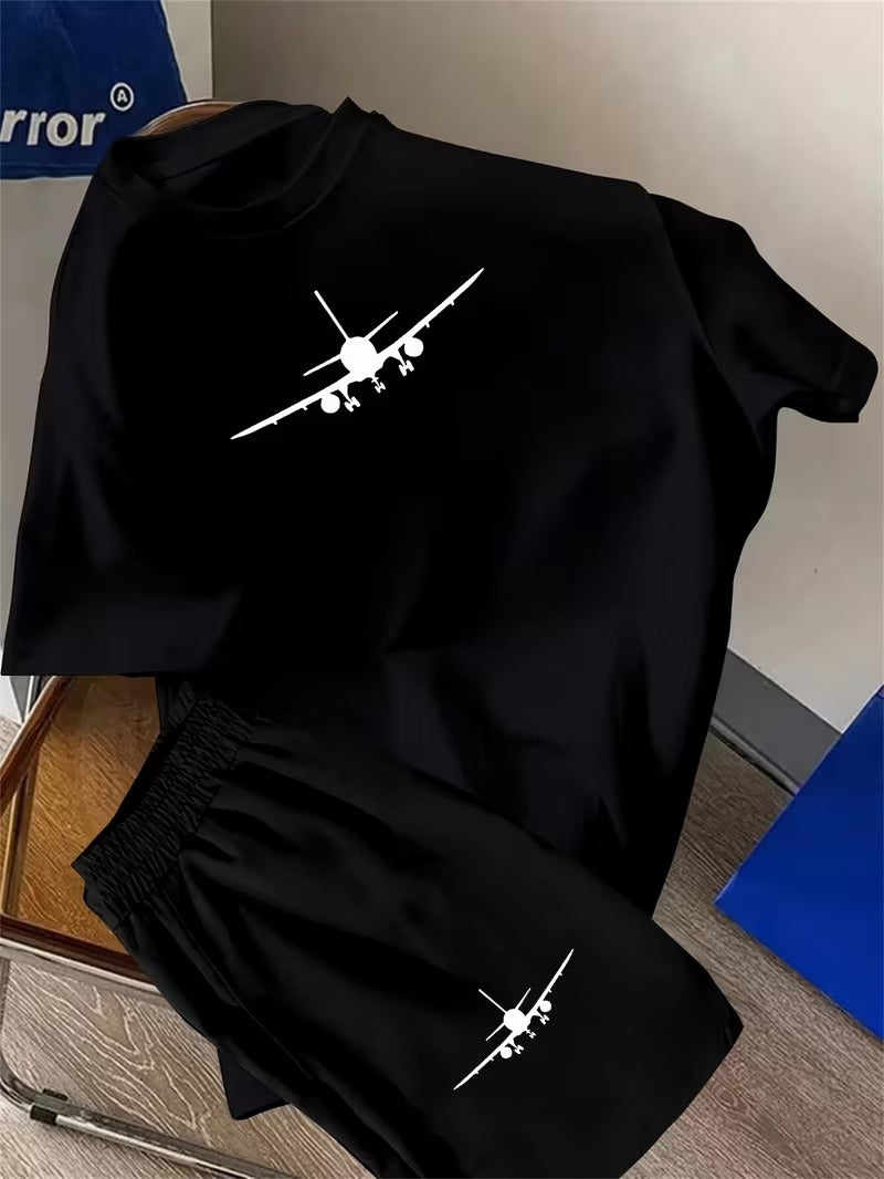 Set Tricou si Pantaloni Scurti Baieti Imprimeu Avion pentru Primavara/Vara