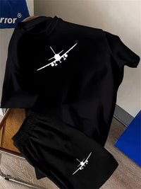 Set Tricou si Pantaloni Scurti Baieti Imprimeu Avion pentru Primavara/Vara