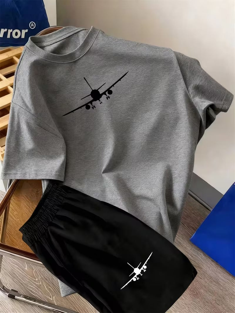 Set Tricou si Pantaloni Scurti Baieti Imprimeu Avion pentru Primavara/Vara