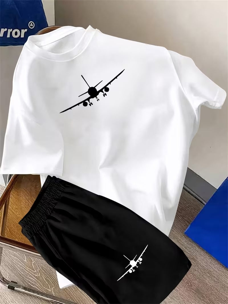Set Tricou si Pantaloni Scurti Baieti Imprimeu Avion pentru Primavara/Vara