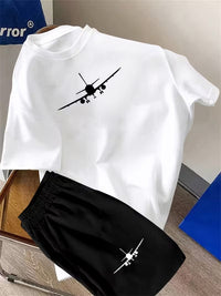 Set Tricou si Pantaloni Scurti Baieti Imprimeu Avion pentru Primavara/Vara