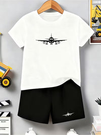 Set Tricou si Pantaloni Scurti Baieti cu Imprimeu Avion