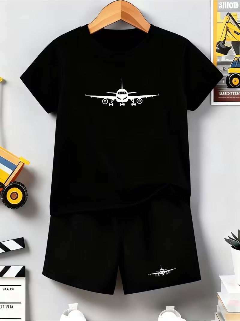 Set Tricou si Pantaloni Scurti Baieti cu Imprimeu Avion
