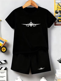 Set Tricou si Pantaloni Scurti Baieti cu Imprimeu Avion