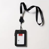 Suport Card ID cu Snur Retractabil, Buzunare Multiple si Compartiment cu Fermoar, Negru