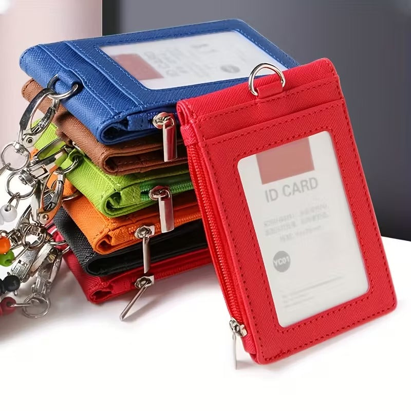Suport Card ID cu Snur Retractabil, Buzunare Multiple si Compartiment cu Fermoar, Negru