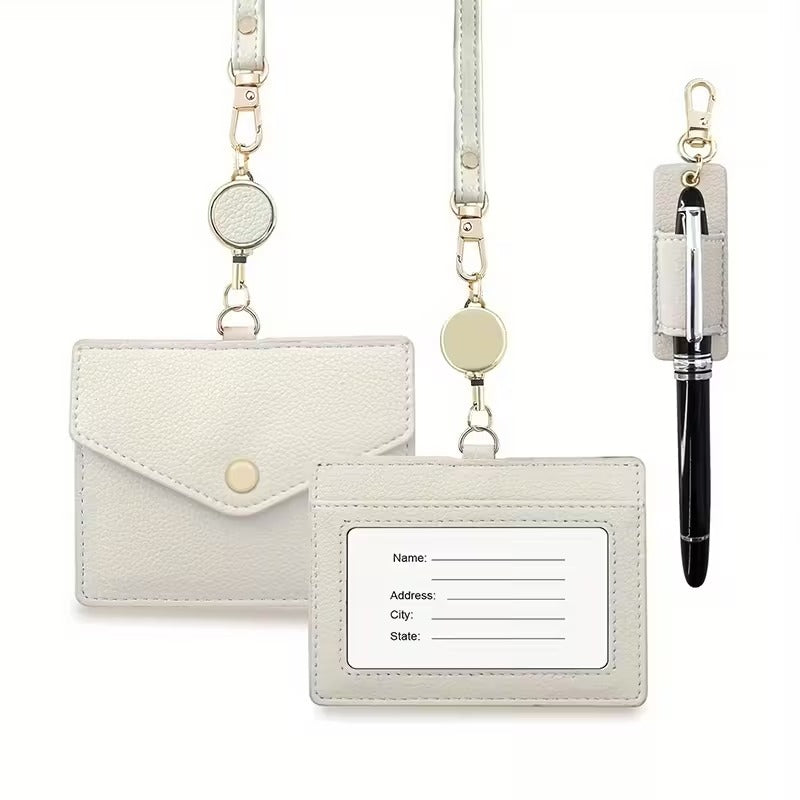 Suport Card ID din Piele cu Snur Retractabil si Design Texturat