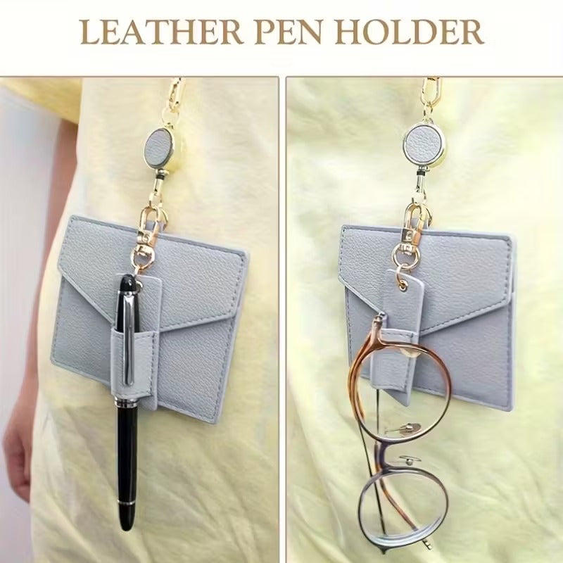 Suport Card ID din Piele cu Snur Retractabil si Design Texturat