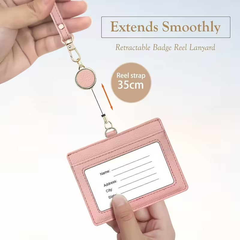 Suport Card ID din Piele cu Snur Retractabil si Design Texturat