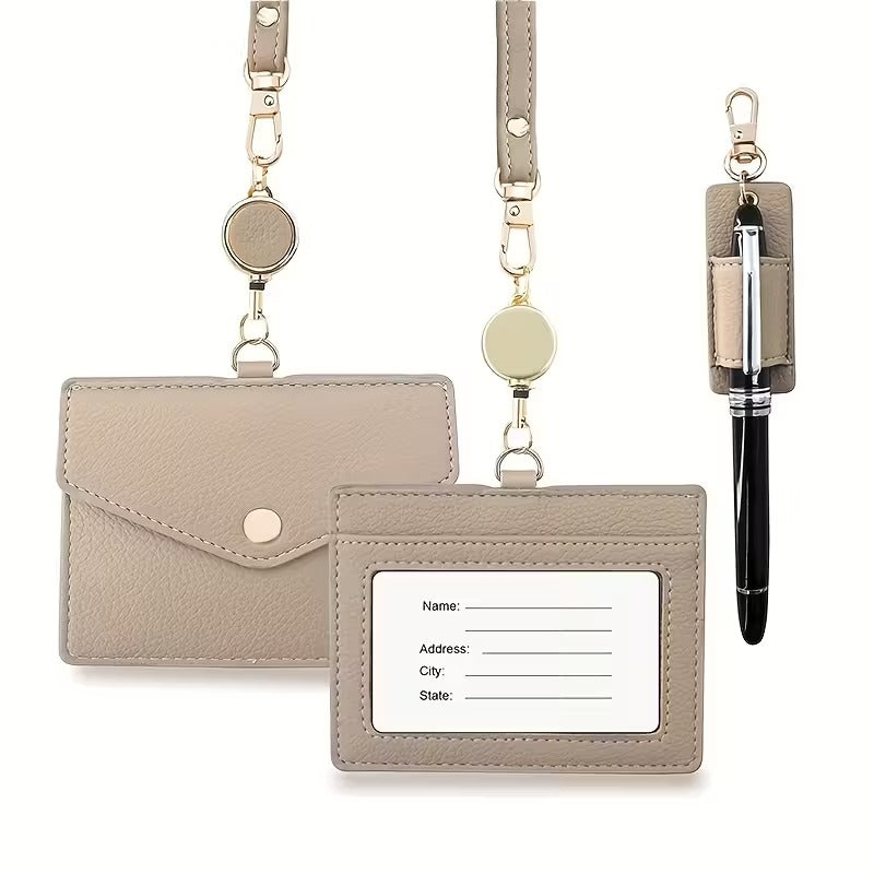 Suport Card ID din Piele cu Snur Retractabil si Design Texturat