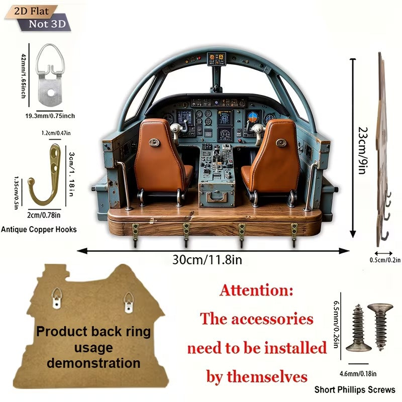 Suport Chei din Lemn pentru Perete cu Design Cockpit, 4 Carlige