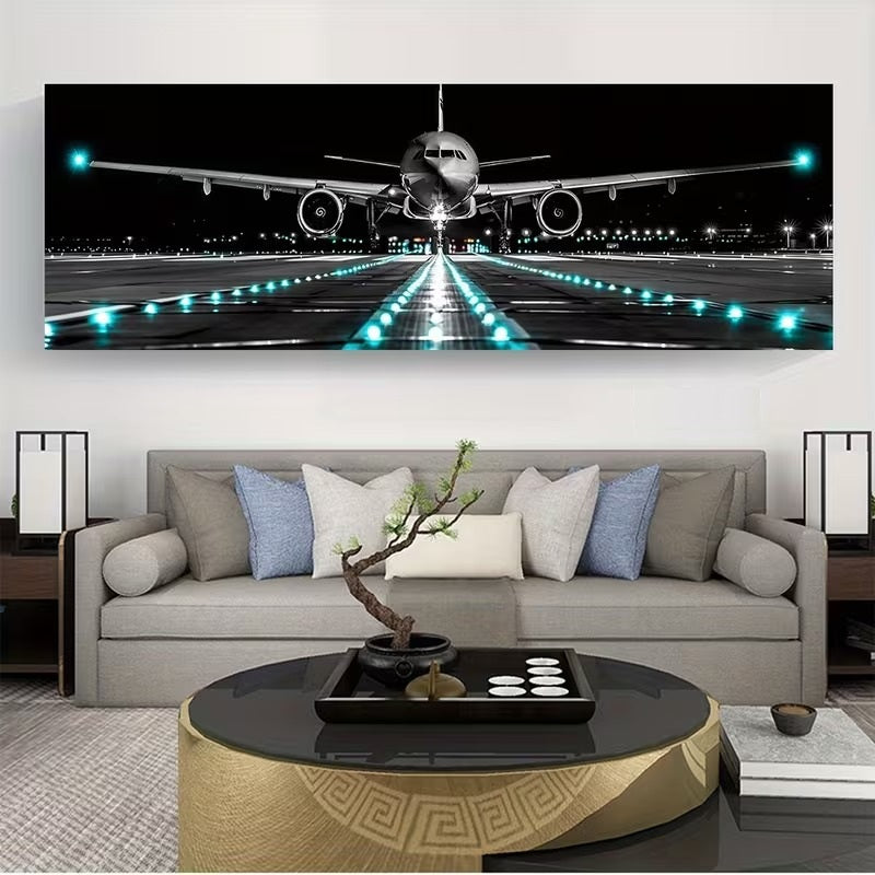 Tablou Canvas 2D Panoramic cu Avion in Aterizare Decor Interior, Fara Rama, 40 x 120cm
