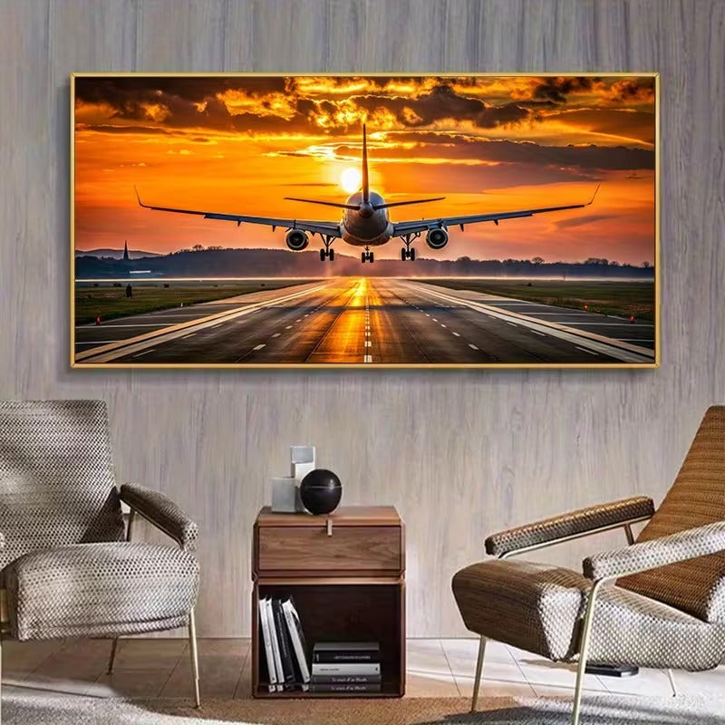 Tablou Canvas Abstract cu Avion la Apus pentru Decor Interior