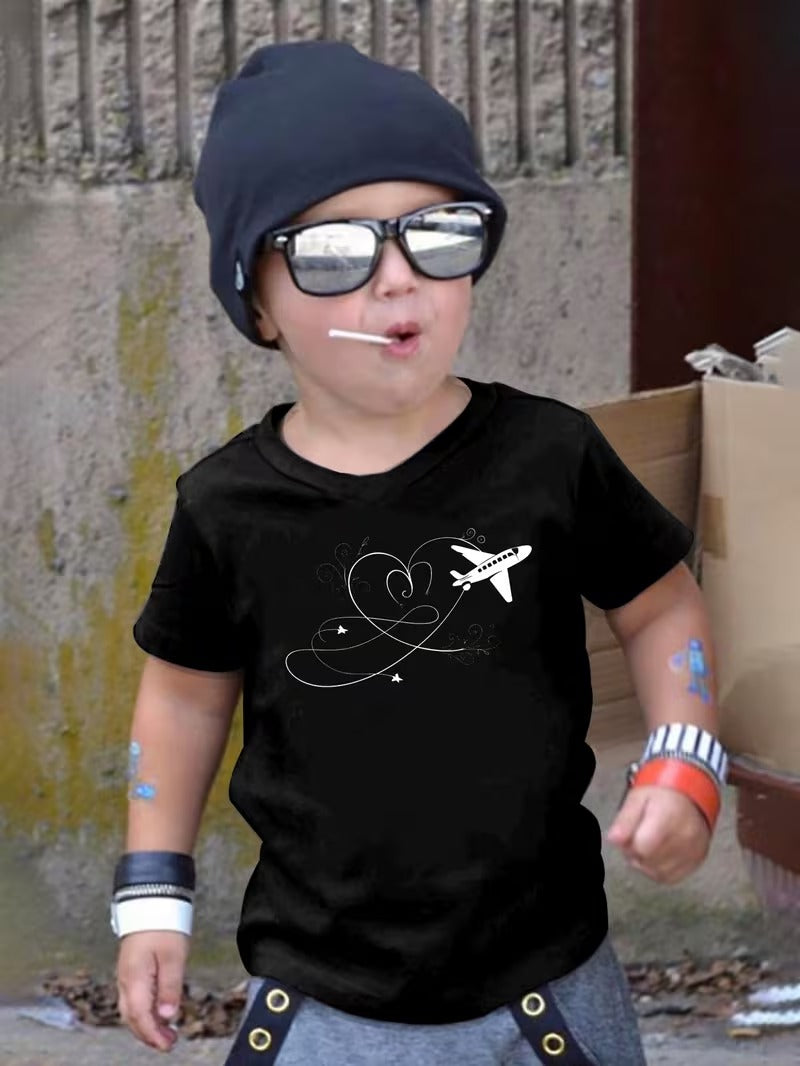 Tricou Baieti Casual de Vara cu Grafica Aviatie, Negru