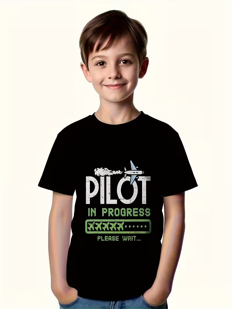 Tricou Baieti cu Design Aviatic Pilot in Progress, Negru