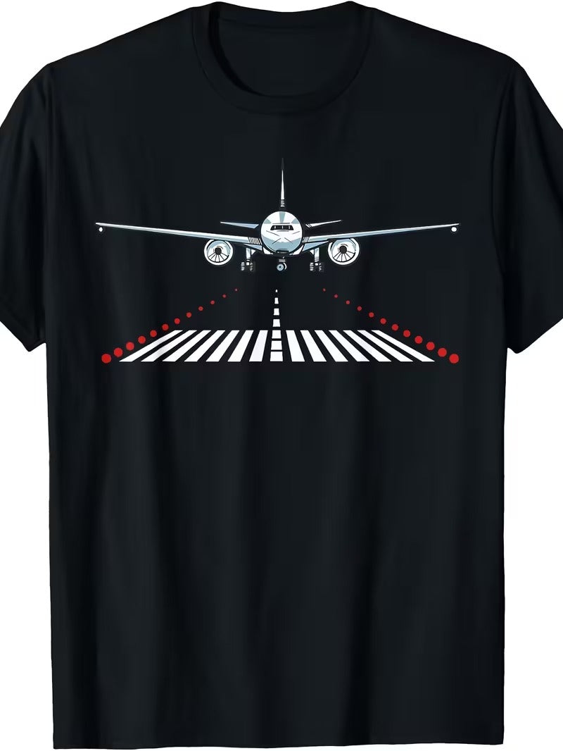 Tricou Barbatesc Bumbac Design Aviatic Airplane Runway, Negru