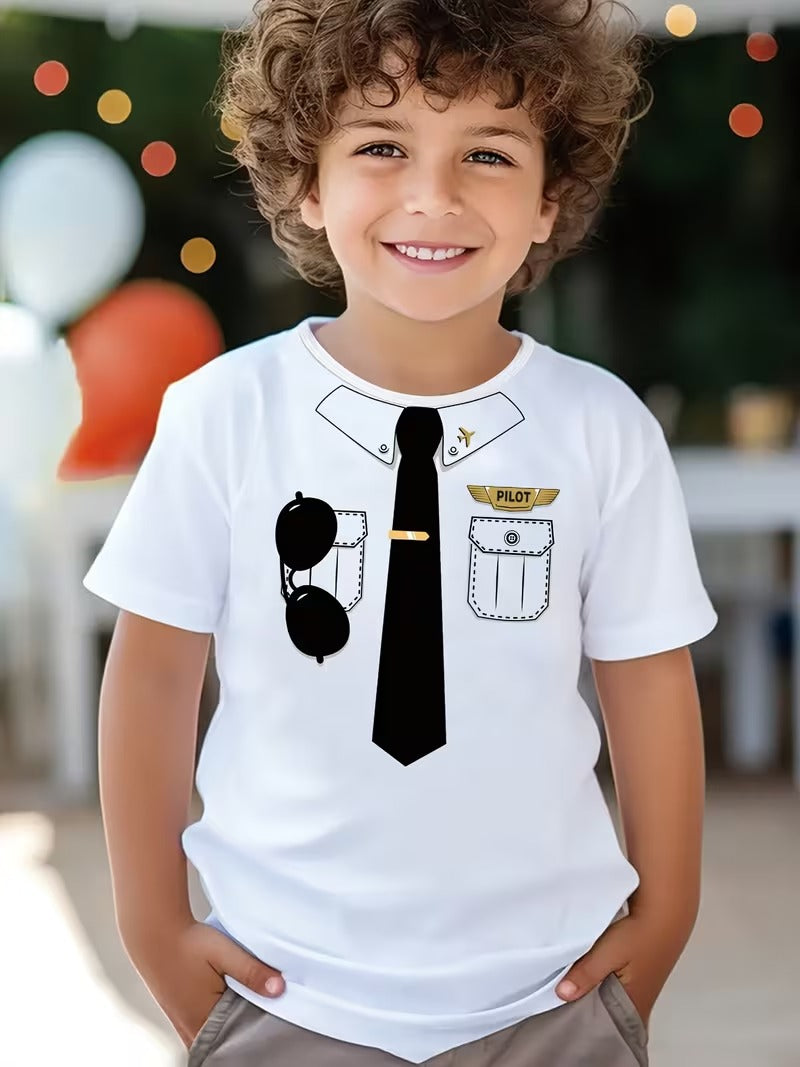 Tricou Copii Baieti cu Imprimeu Pilot Aviatie, Material Usor si Respirabil, Alb