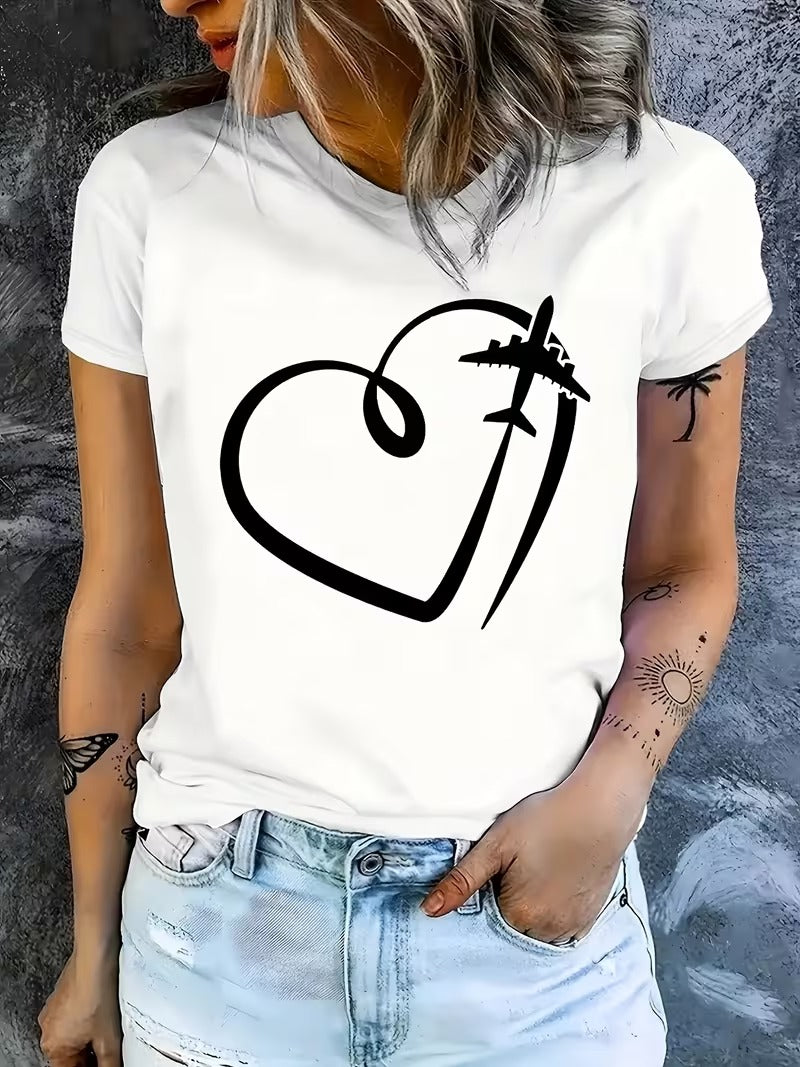 Tricou Dama Bumbac Casual Imprimeu Inima cu Avion